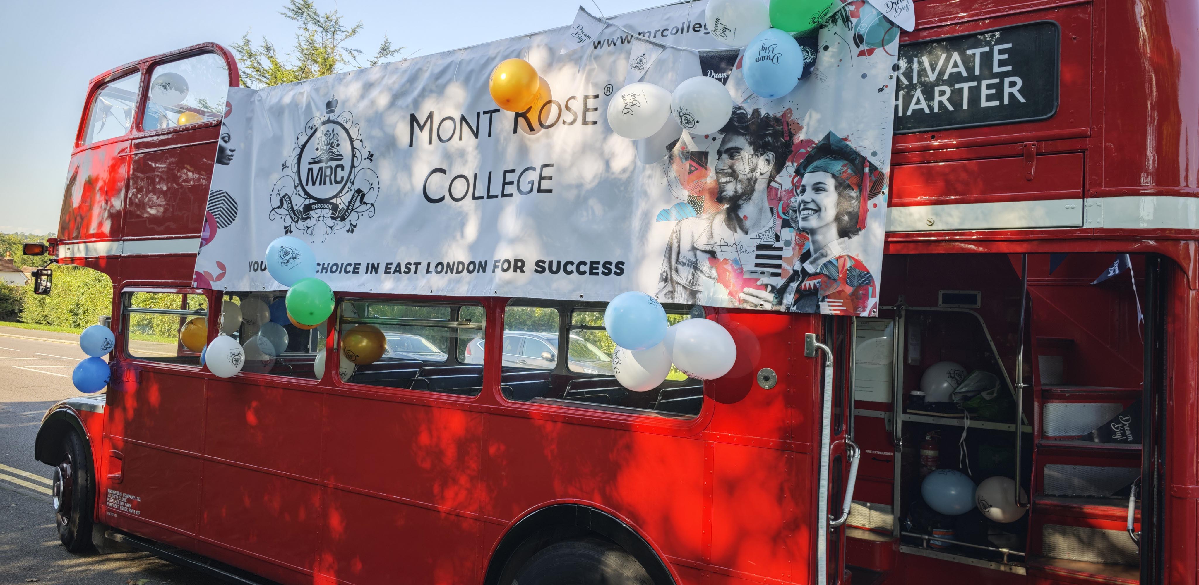 A decorated red double-decker bus adorned with balloons and a Mont Rose College banner for the Mont Rose College Graduation Ceremony 2024.