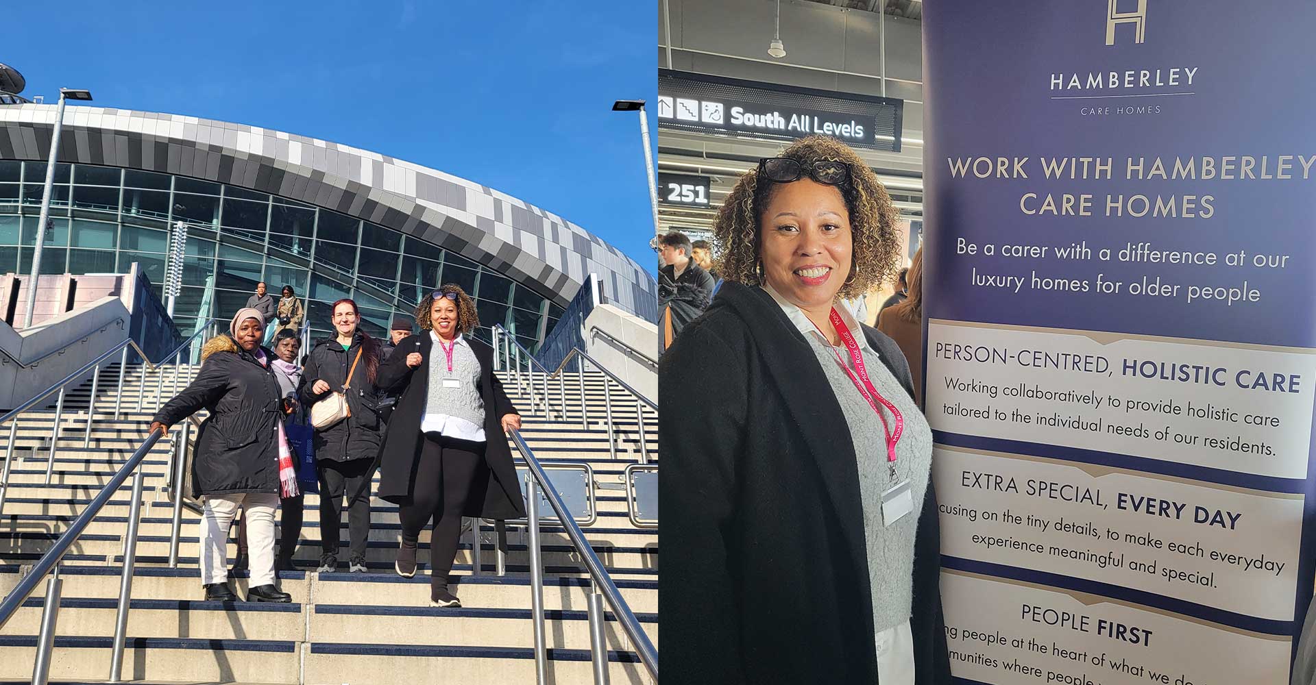 Mont Rose College attendees at the Tottenham Hotspur Careers Fair, including a participant posing by the Hamberley Care Homes recruitment banner.