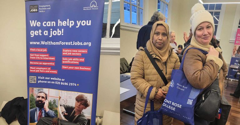 Two women holding Mont Rose College tote bags at the Waltham Forest Job Fair, standing beside a job support information banner.