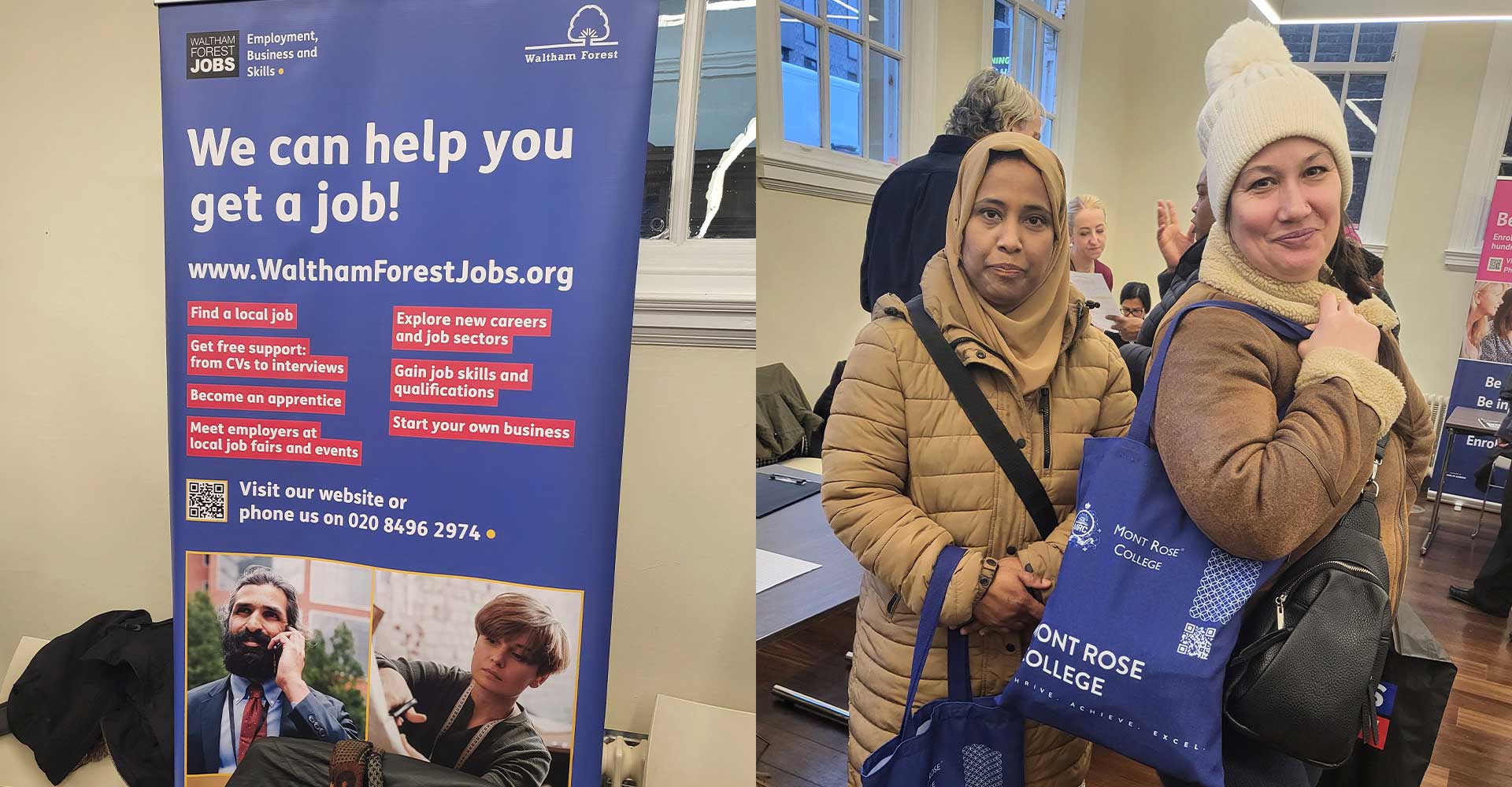 Two women holding Mont Rose College tote bags at the Waltham Forest Job Fair, standing beside a job support information banner.
