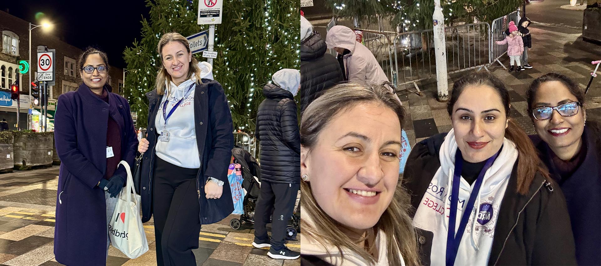 Mont Rose College staff enjoying the Seven Kings Light Up Event with Our Streets Redbridge, engaging with the local community during festive celebrations.