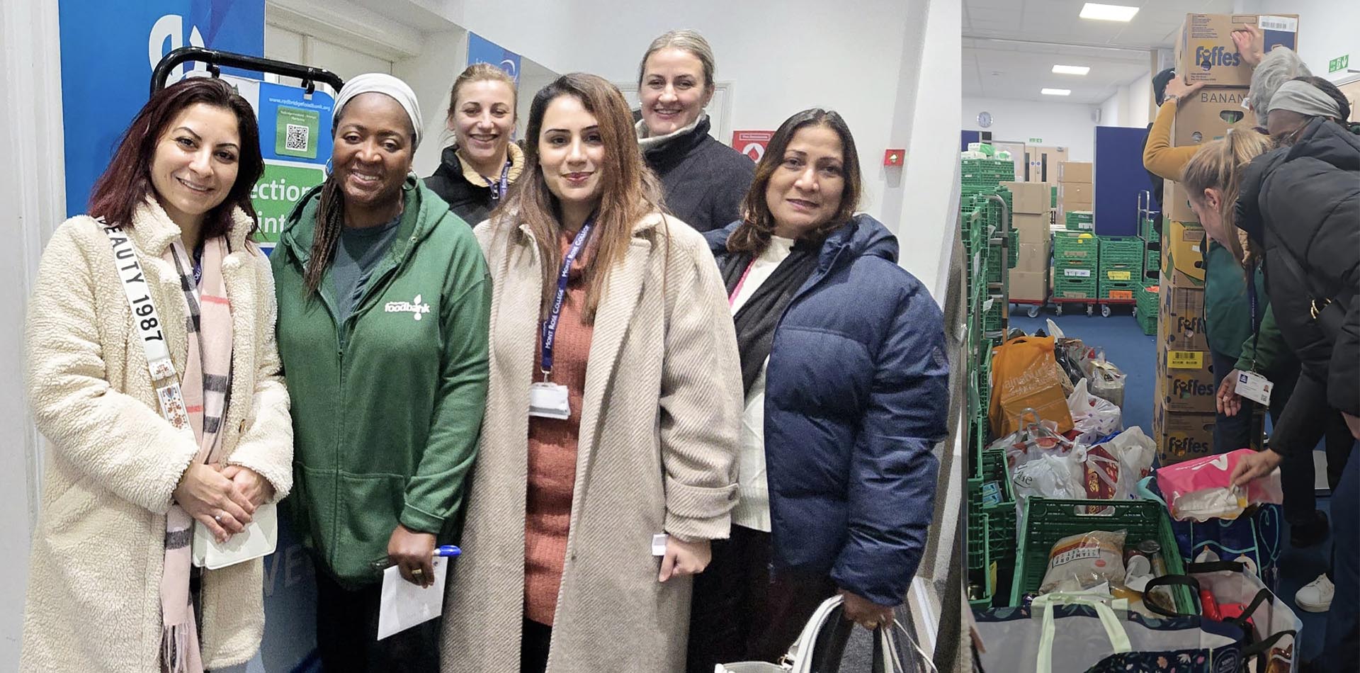 Mont Rose College staff showcasing empathy by volunteering at a food bank, organizing supplies, and supporting the community with care and compassion.