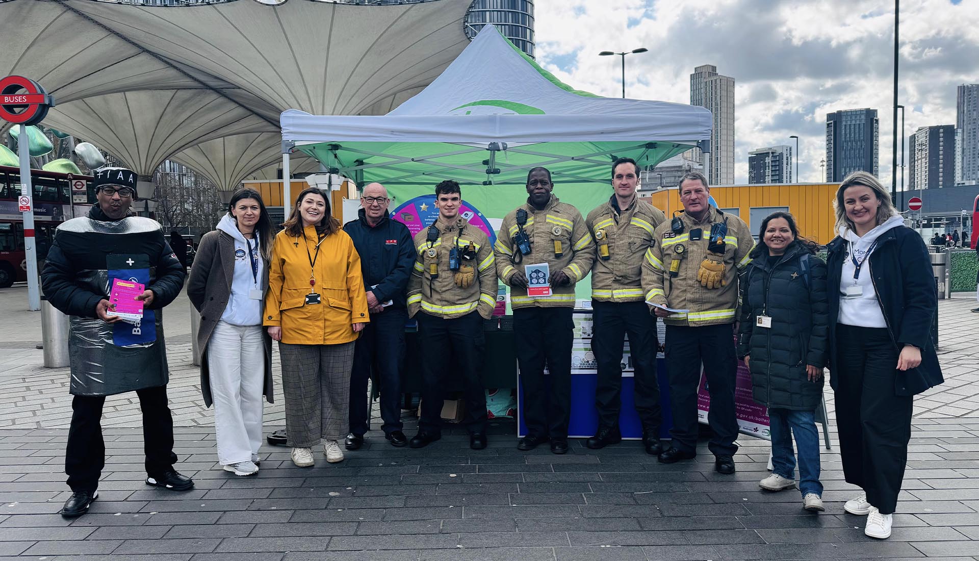 A group of firefighters and Mont Rose College representatives at the National Battery Day Awareness Event promoting battery recycling.