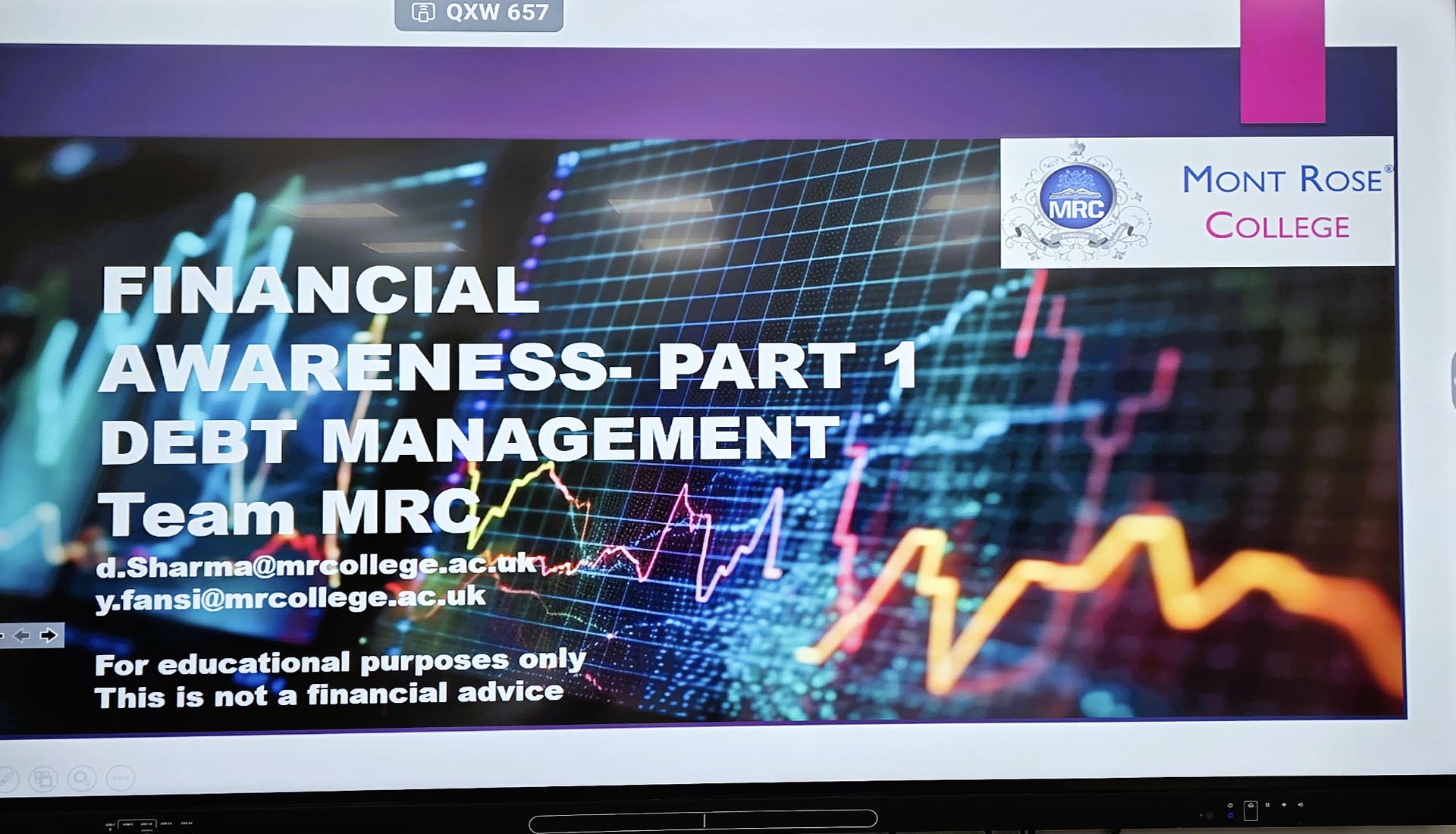 A presentation slide from Empowering Financial Futures: Mont Rose College's Financial Capabilities Workshop on financial awareness and debt management by Team MRC.