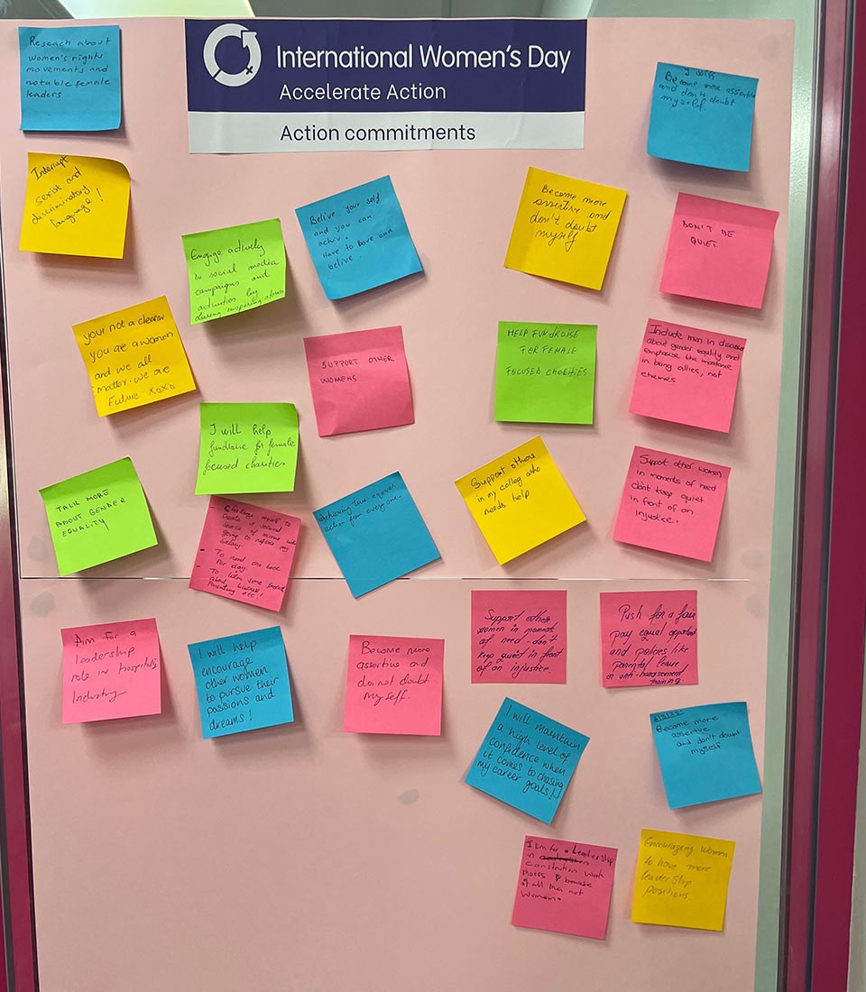 A board filled with colourful sticky notes showing action commitments for International Women’s Day at Mont Rose College.
