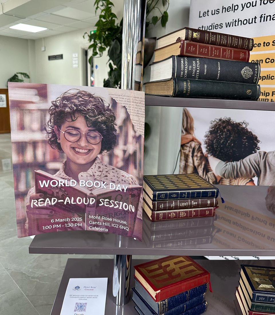 A promotional poster for Mont Rose College's World Book Day read-aloud session, displayed on a bookshelf with classic literature.