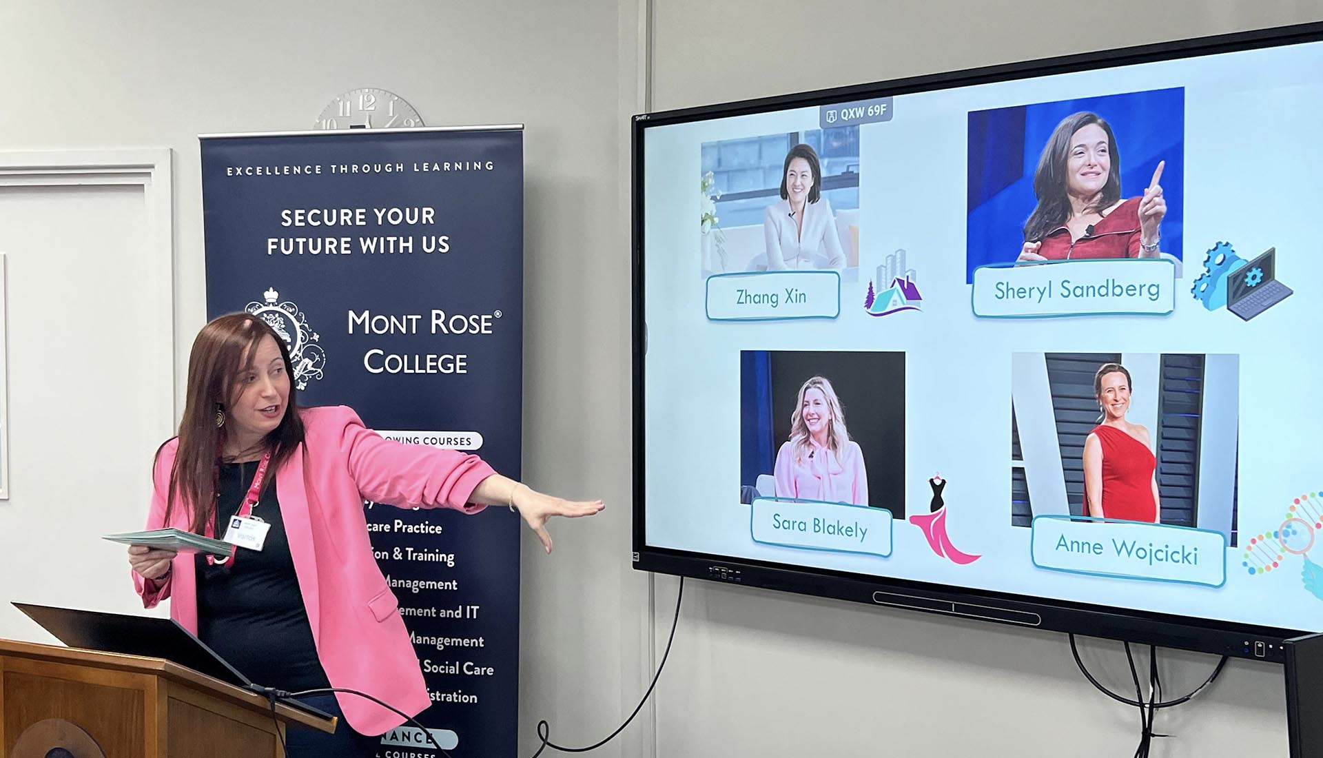 A speaker at Mont Rose College presents influential women leaders for International Women’s Day celebration event.