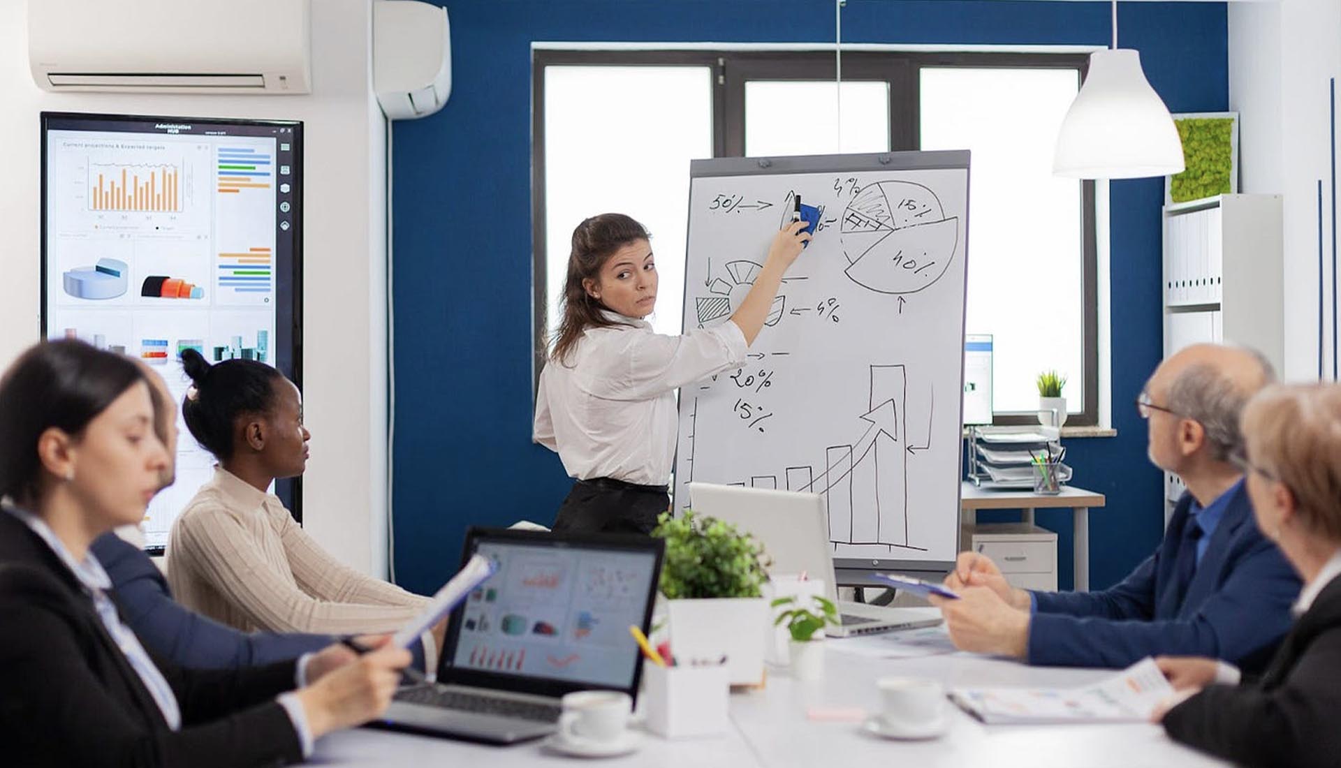 Woman presenting business charts to colleagues in a meeting room, illustrating HNDs and Entrepreneurship in action.