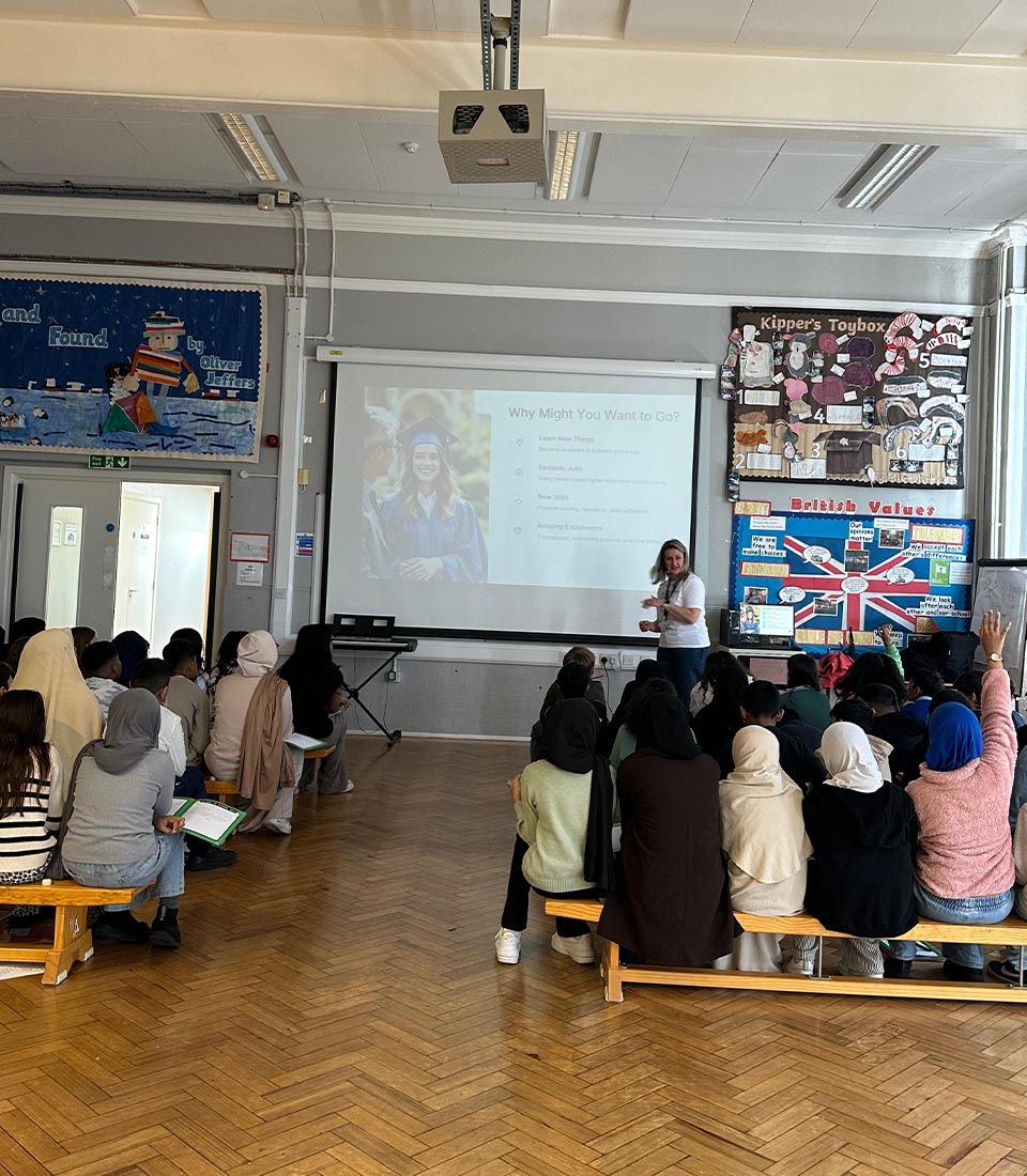 A speaker presents to Year 6 pupils during a Mont Rose College Partners with AccessHE educational outreach session.