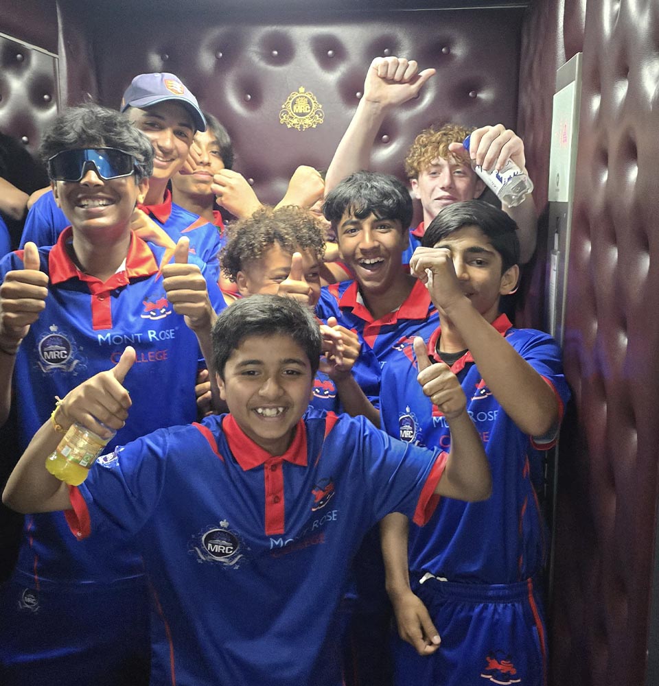 Excited students from Robert Clack School in Mont Rose College uniforms celebrating student empowerment with smiles and thumbs up.