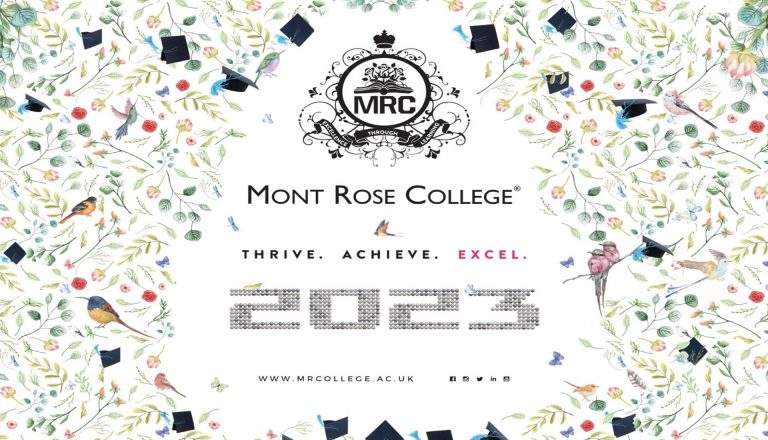 Mont Rose College Graduation Poster 2023 featuring floral design, birds, graduation caps, and the message 