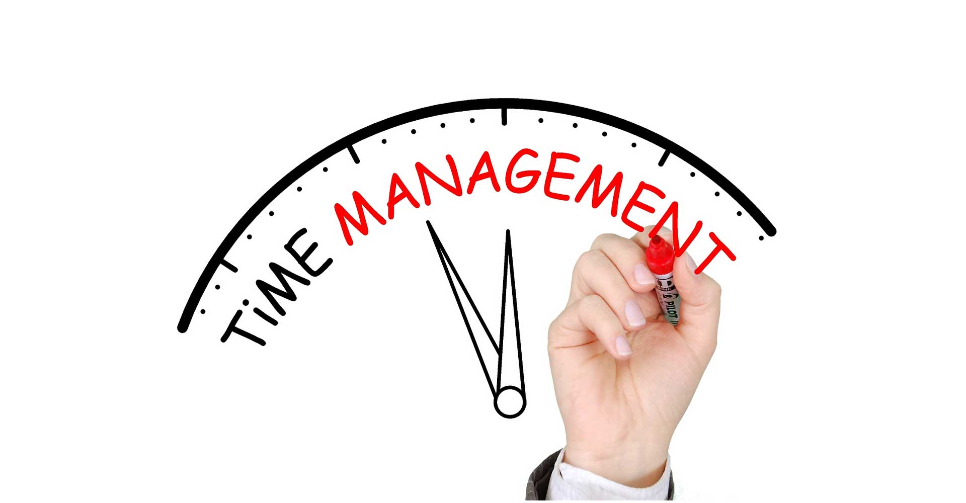 Hand writing “Time Management” on a clock graphic, symbolizing the concept of effective time management.